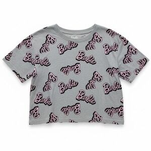 Barbie All Over‎ Print Crop T Shirt Women's L Large Gray Pink Black Graphic Tee